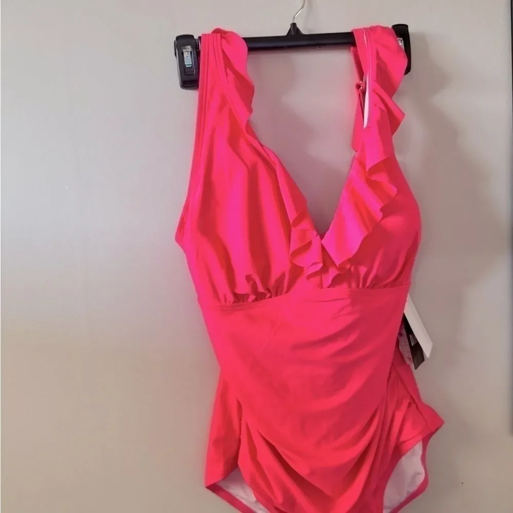 DKNY Ruffle Plunge Underwire Tummy Control One-Piece Swimsuit swim neon Pink